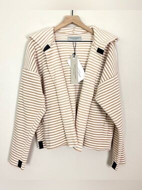 NWT Henriette Steffensen Sporty Fleece Hooded Cardigan Tan Beige Stripes Large